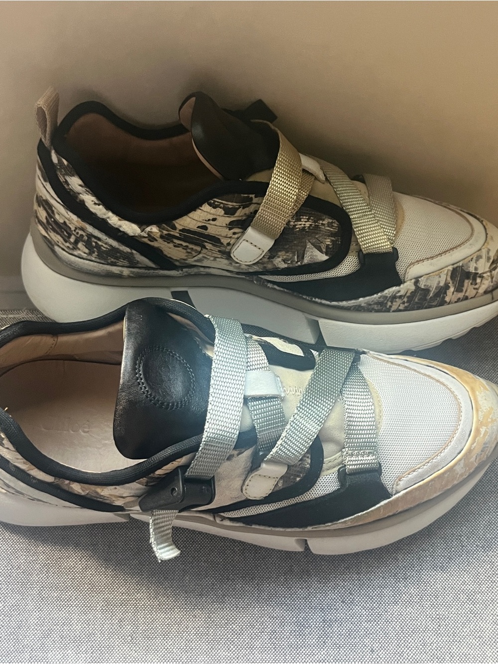 Neutral Mixed-Print Women’s Chunky Sneaker in Cream and Black